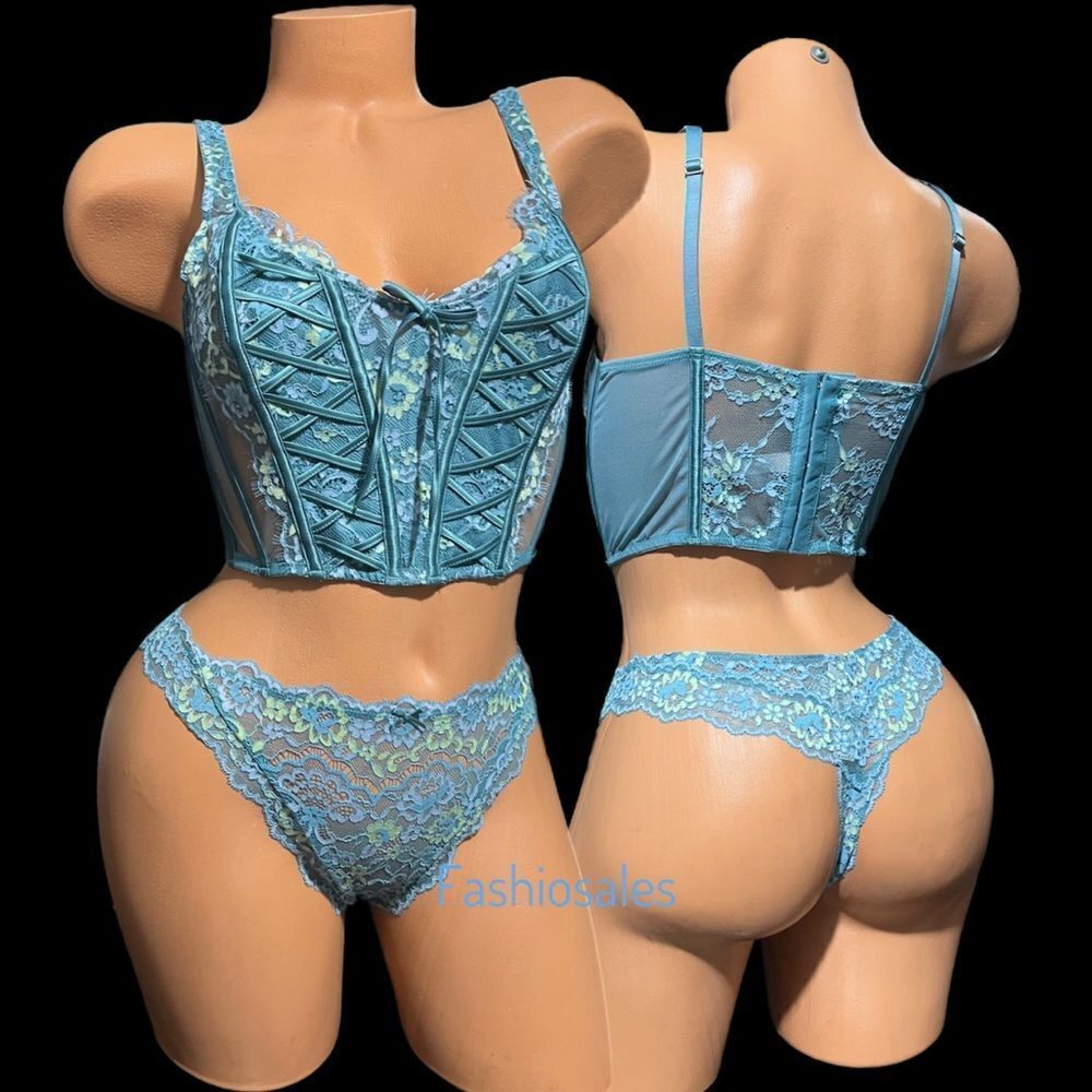 Victorias Secret Dream Angels Lace-up Corset Top Bra & V Thong Panty Set Sage
